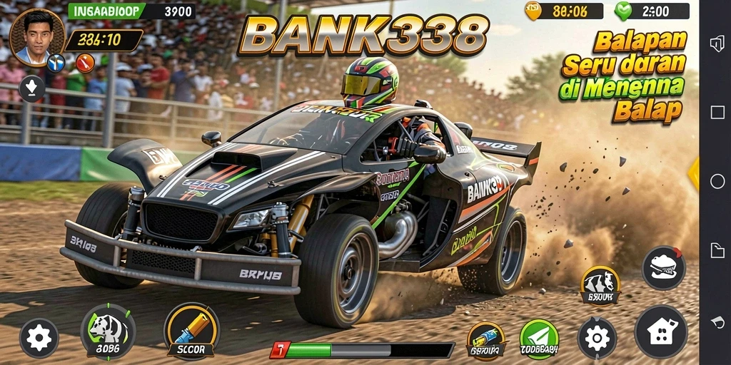 Screenshot BANK338 menampilkan aksi balap yang mendebarkan di trek yang menantang.