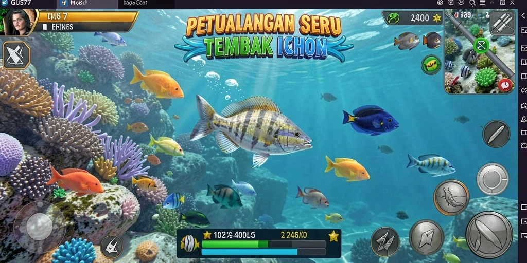 Screenshot GUS77 menampilkan gameplay penuh warna dan seru saat menembak ikan.