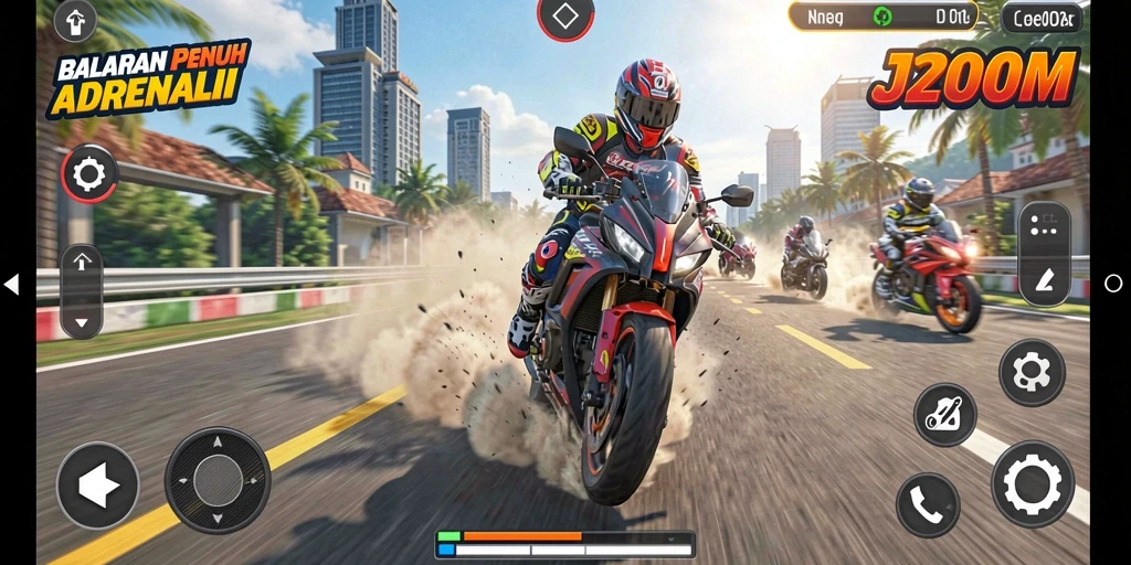 Screenshot gameplay J200M dengan aksi balapan motor yang mendebarkan.