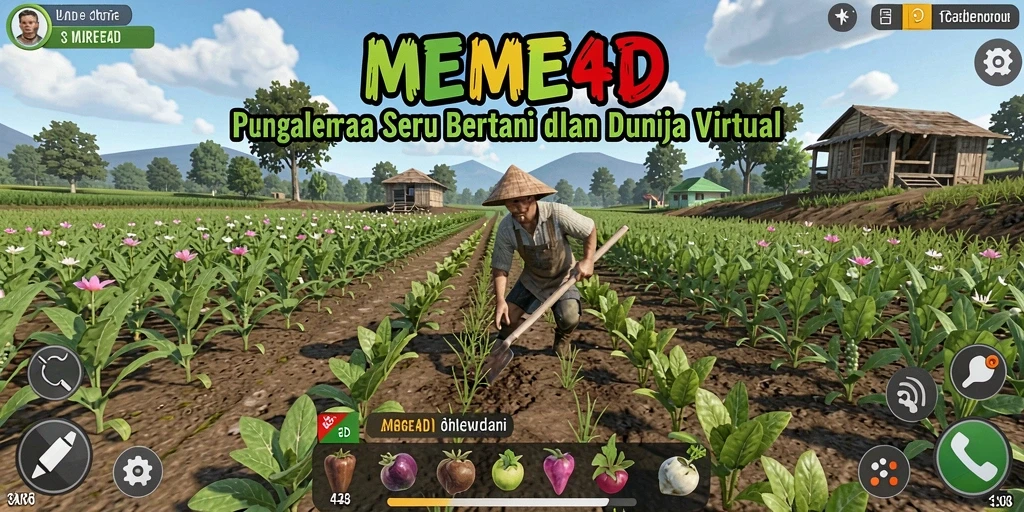 Tangkapan layar permainan MEME4D dengan aktivitas bertani yang menyenangkan.