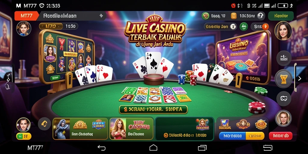 Screenshot MT777 menampilkan dealer langsung dan suasana permainan kasino yang mendebarkan.