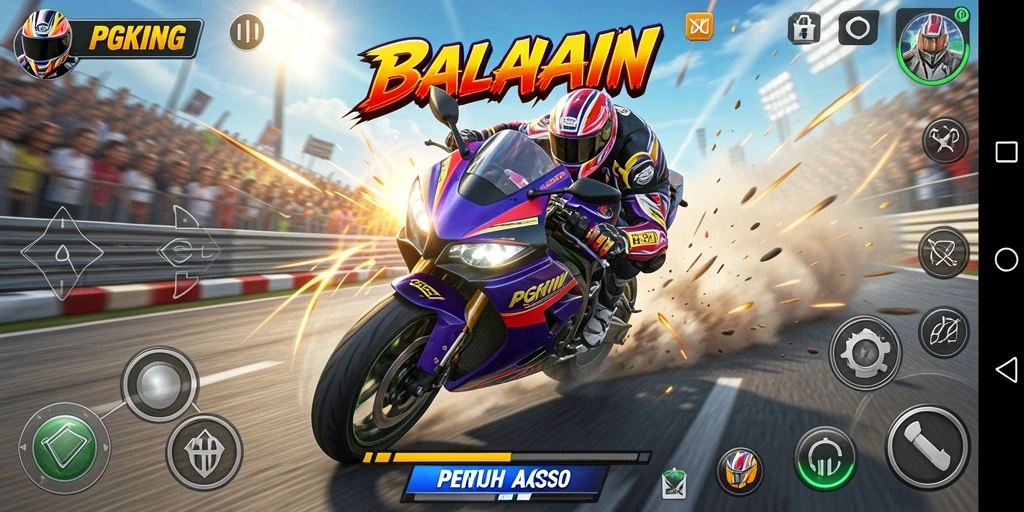 Tangkapan layar PGKING menampilkan aksi balapan motor yang mendebarkan.