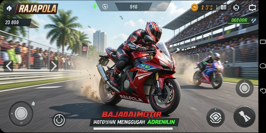 Tangkapan layar gameplay RAJAPOLA yang menunjukkan aksi balapan motor yang mendebarkan.